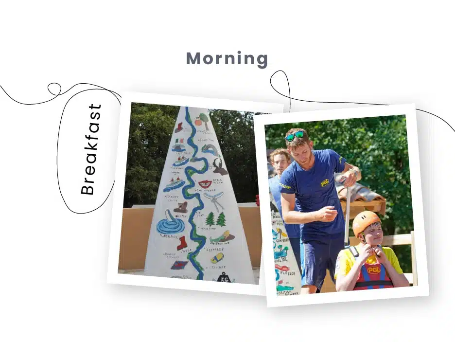 Two Polaroid photos; left shows a breakfast-themed illustration, right shows a multi-activity scene with a man in a blue shirt and cap helping a child in a yellow helmet with zip-lining.