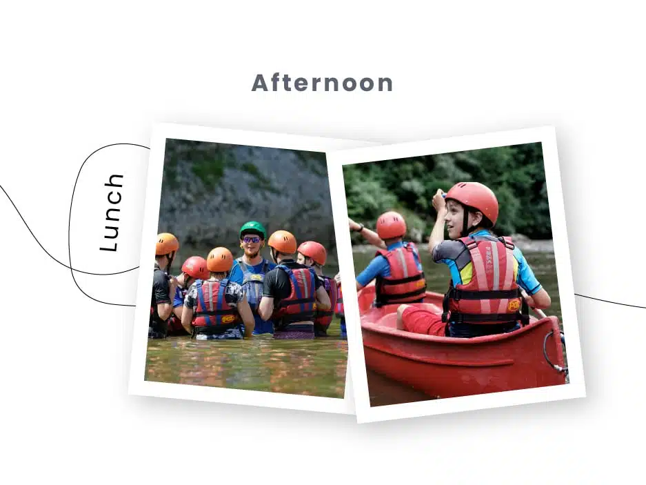 Two Polaroid photos labeled "Lunch" and "Afternoon" depicting a multi-activity day, show people in helmets and life jackets; one group on land smiling, and the other in a raft on a river, paddling.