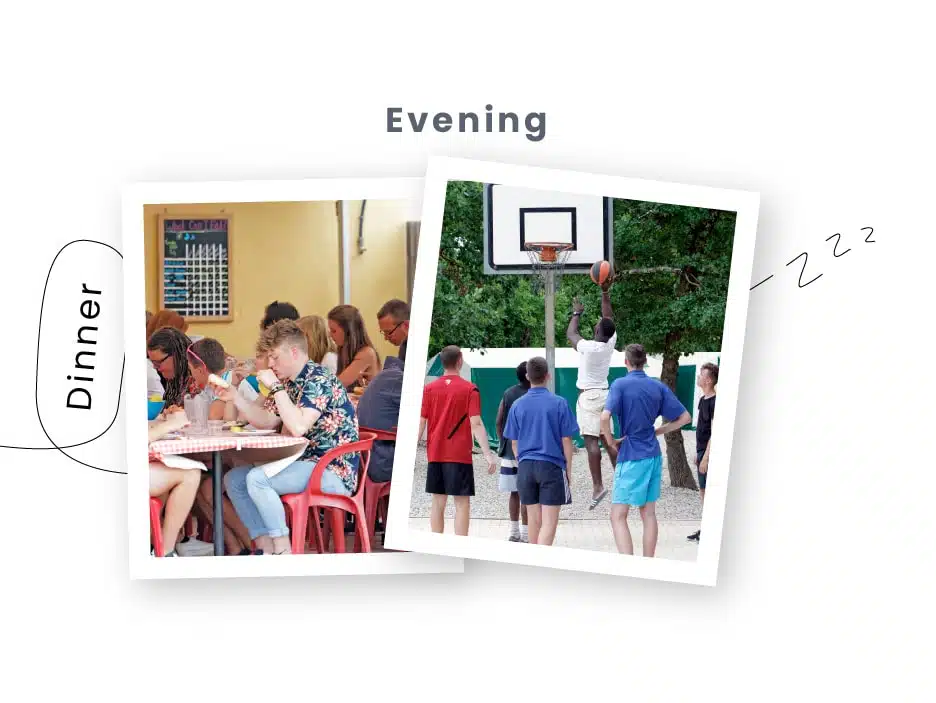 A multi-activity diptych image showing a family dining outdoors on the left labeled "Dinner" and people playing basketball on the right labeled "Evening.