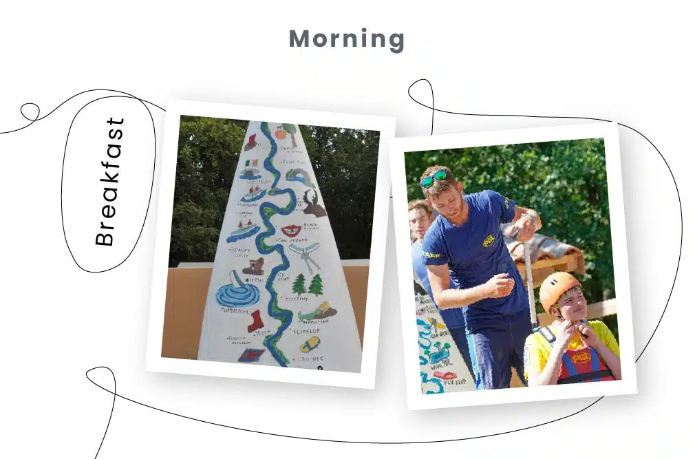 Two photos in a "Morning Breakfast" themed template; one of a festive tree illustration and another of a man placing a medal on a child at a multi-activity sunny outdoor event.
