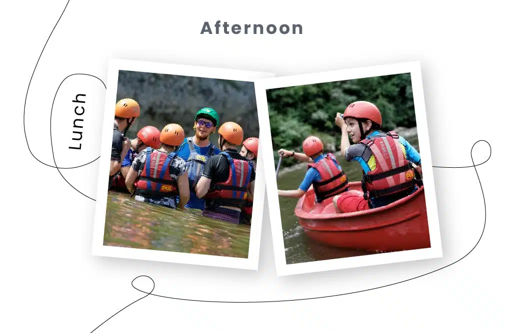Collage of two multi-activity white water rafting photos: one group still on the raft smiling, and another with two people paddling vigorously.