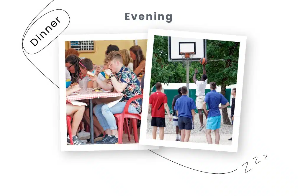 Two multi-activity images; one showing people dining at a table, another depicting a basketball game with a player shooting a basketball towards a hoop.