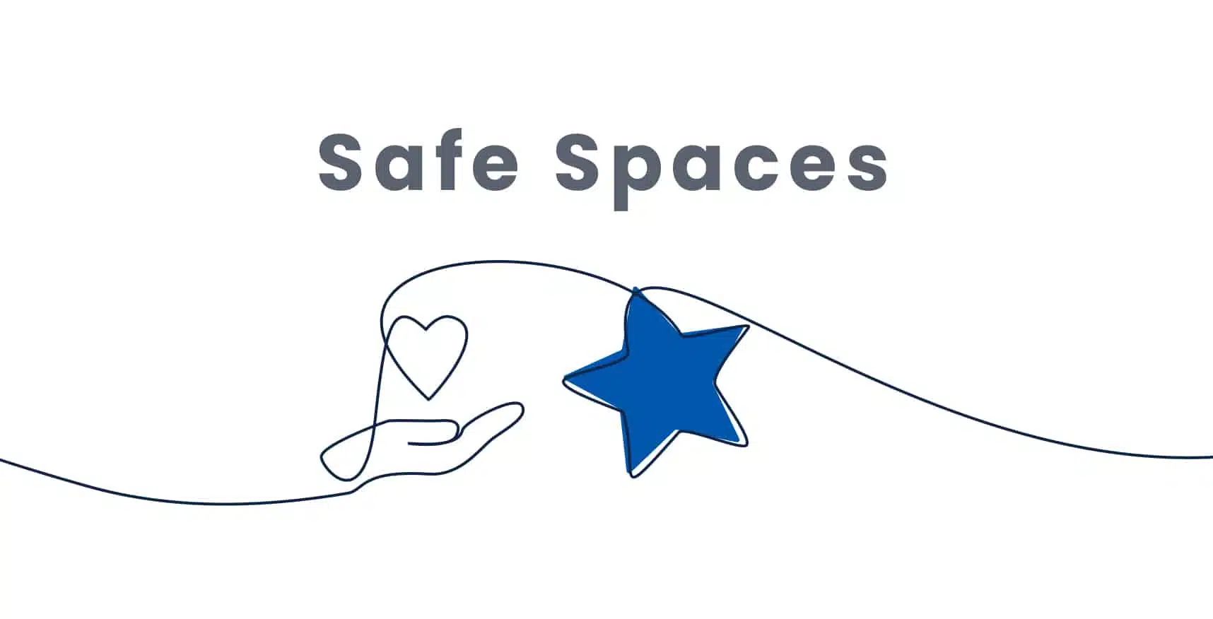 Line drawing of a hand holding a heart with a blue star floating above, next to the words "Safe Spaces".