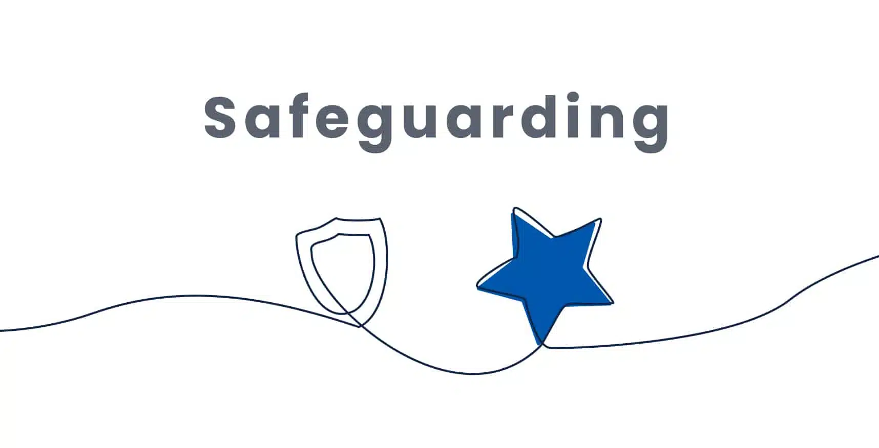 Minimalist illustration featuring a shield and star connected by a flowing line, with the word "Safeguarding" above in gray.