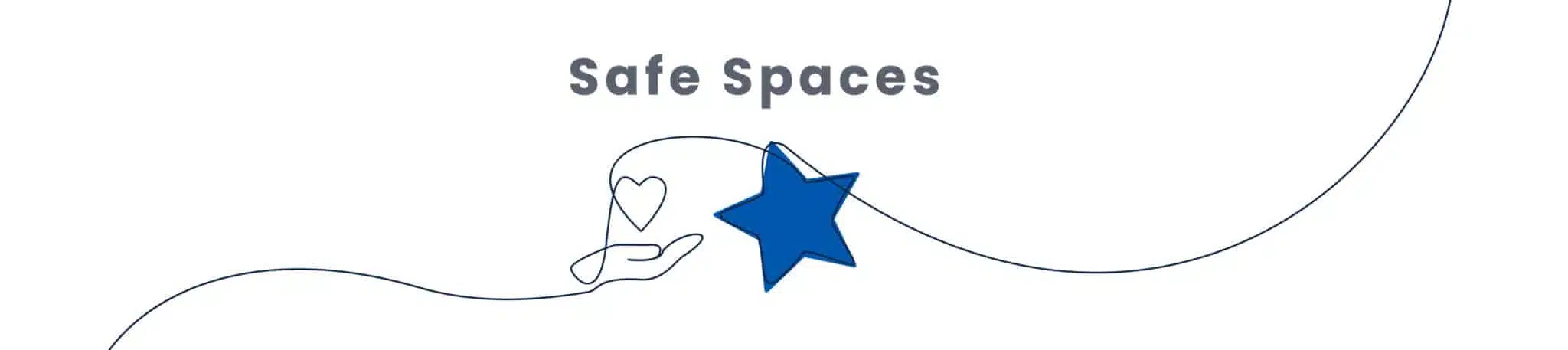 Line drawing of a hand pointing to a star, connected by a flowing line, with the text "Safe Spaces" above.