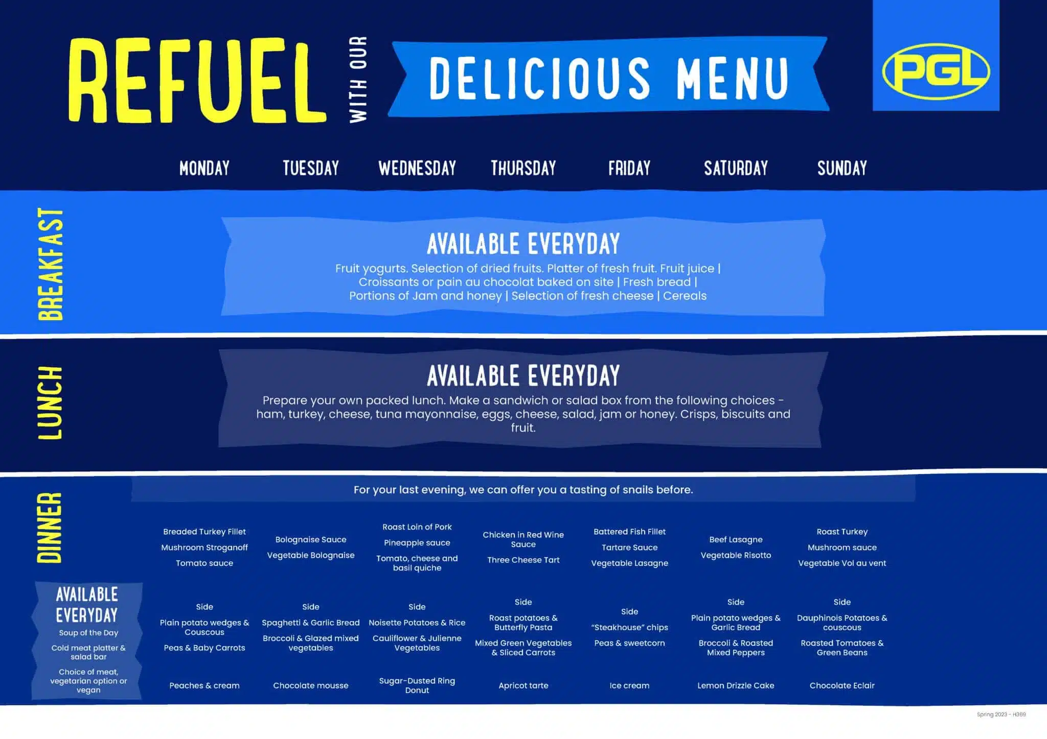 A colorful weekly menu titled "REFUEL WITH OUR DELICIOUS MENU," listing meal options for each day split into breakfast, lunch, and dinner categories, organized in a grid layout.