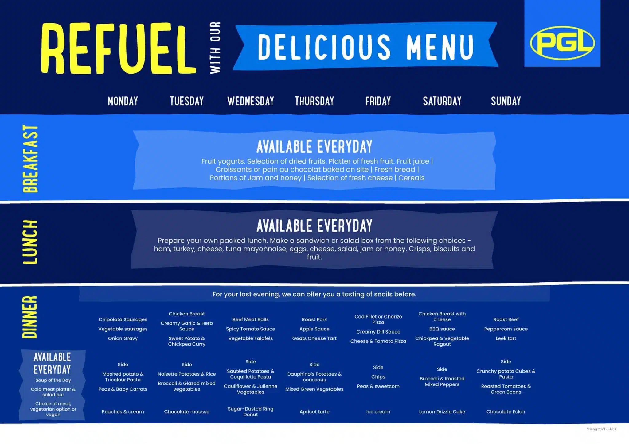 Weekly meal schedule poster titled "REFUEL" displaying a blue and yellow themed menu for breakfast, lunch, and dinner options across Monday to Sunday.