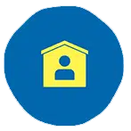 Yellow house icon with a person inside, set against a blue circular background, reminiscent of PGL Centres.