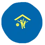 Icon with a blue circle background displaying two yellow stick figures under a yellow roof, one holding a soccer ball.