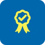 An icon of a yellow ribbon with a check mark in the center on a blue background, symbolizing the seal of approval for PGL Adventure Holidays.