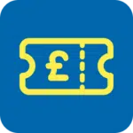 A yellow icon of a ticket with a pound currency symbol in the center on a blue background, reminiscent of exciting PGL Adventure Holidays.