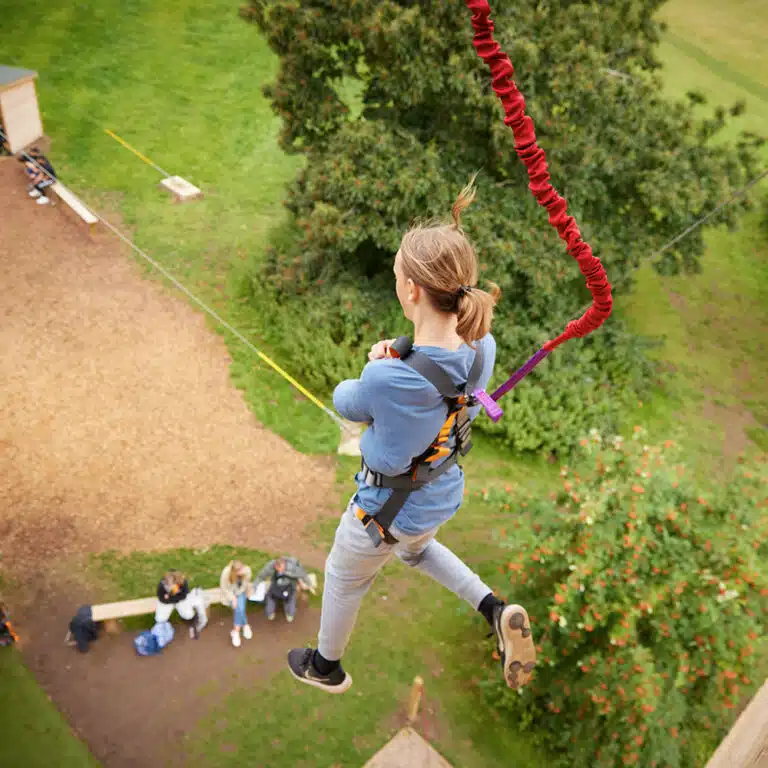 Person bungee jumping from a platform in a grassy outdoor area, viewed from above.