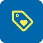 Yellow price tag icon with a heart in the center on a blue background, reflecting the charm of PGL Adventure Holidays.