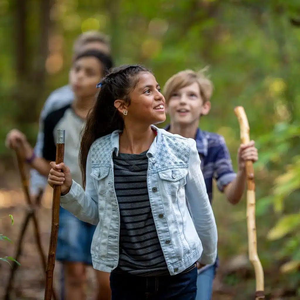 A young girl leading a group of children hiking in a forest, smiling and looking to the side, holding a Bushcraft walking stick.
