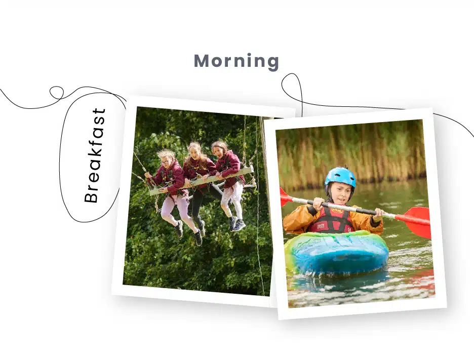 Two photos labeled "Morning" and "Breakfast" showing girls on a zipline and a person kayaking during PGL Adventure Holidays, connected by a line drawing.