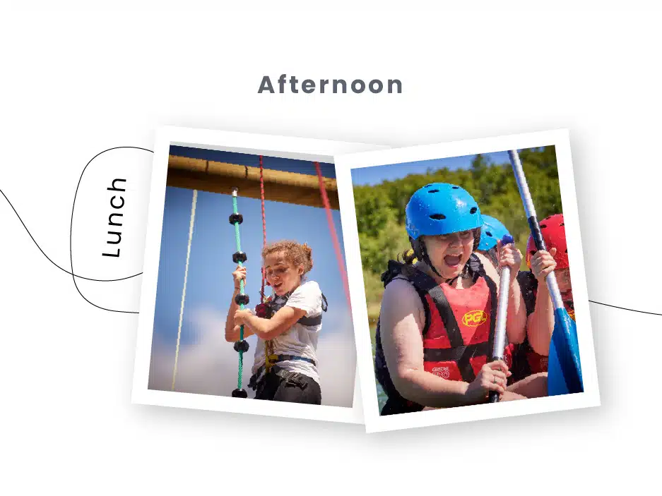 An open brochure for PGL Adventure Holidays showing two photos; on the left, a child climbing a rope, and on the right, a child in a harness zip-lining, labeled "Afternoon.