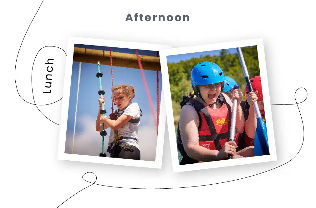 Two photos depicting PGL Adventure Holidays activities: one of a child climbing a rope ladder, and another of an adult woman kayaking, both wearing safety gear.
