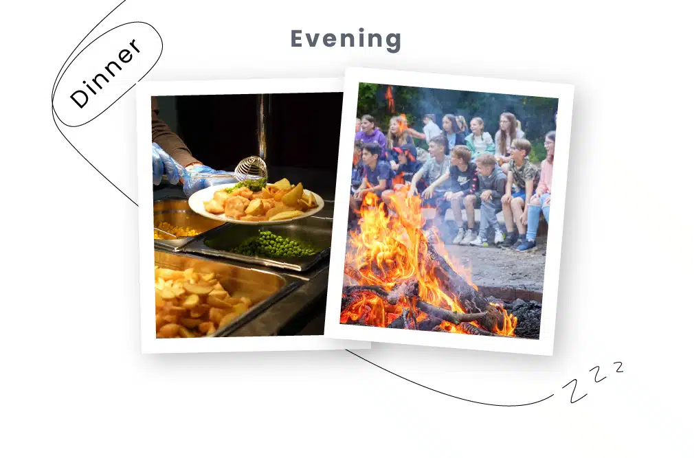 Collage of two images: one showing a gloved hand serving French fries, labeled 'Dinner', and another depicting a group of children at PGL Adventure Holidays watching a campfire, labeled 'Evening'.