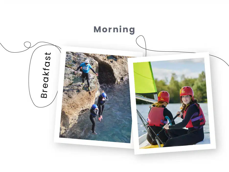 Two Polaroid photos labeled "Morning" featuring people engaging in PGL Adventure Holidays outdoor activities: one shows a person wading in water near a cave, the other displays two people kayaking.