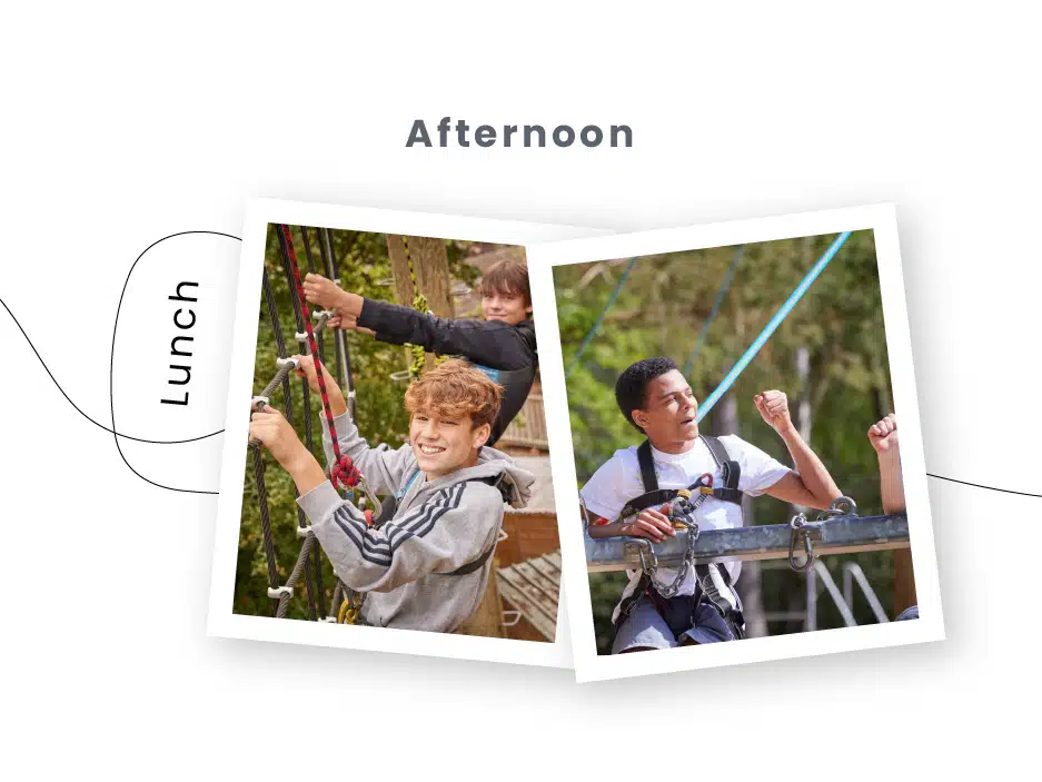 Two images in a PGL Adventure Holidays photo album labeled "Lunch" and "Afternoon" showing kids engaged in outdoor activities: one climbing and the other zip-lining.