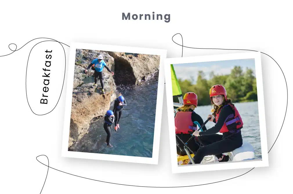Two photos titled "Morning" and sponsored by PGL Adventure Holidays depict outdoor activities: one person climbing a rocky shoreline, and two people kayaking on a river, both wearing safety gear.