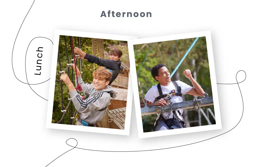 Two photos in a PGL Adventure Holidays scrapbook: on the left, two boys enjoying archery in a forest; on the right, a boy focused on archery on a tree platform.