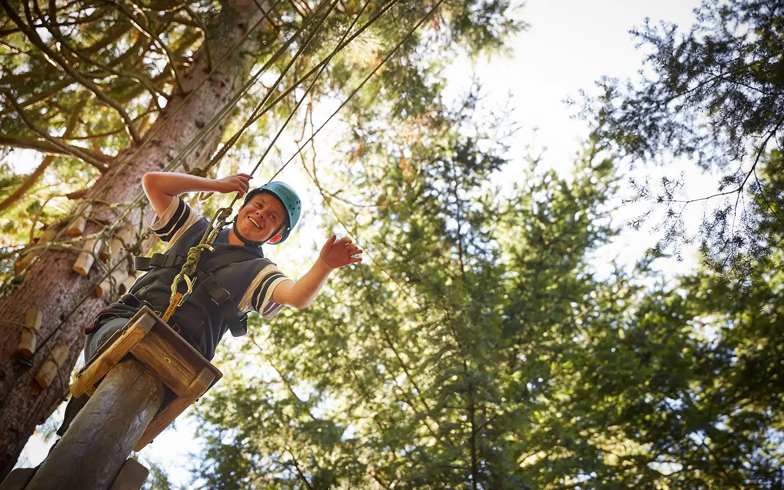 A smiling person in PGL Adventure Holidays safety gear stands on a platform high among trees, waving down while looking towards the camera.