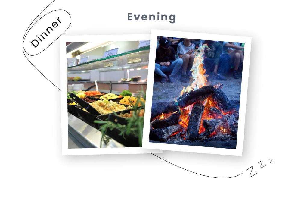 A collage of two images labeled "Dinner" and "Evening," showing a tray of food in a PGL Adventure Holidays cafeteria and a close-up of a campfire at night, respectively.