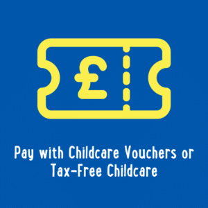 Yellow ticket with a pound symbol on a blue background. Text reads: "Pay with Childcare Vouchers or Tax-Free Childcare.