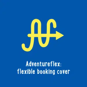 Adventureflex logo featuring a yellow looped arrow on a blue background with text reading "Adventureflex: flexible booking cover" below.
