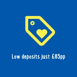 A yellow price tag icon with a heart shape in the middle on a blue background. Text reads "Low deposits just £65pp".