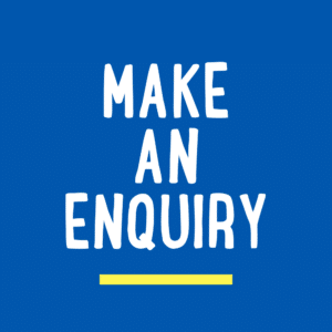 Blue background with the words "MAKE AN ENQUIRY" in white, bold, uppercase letters. A thin yellow line is below the text.