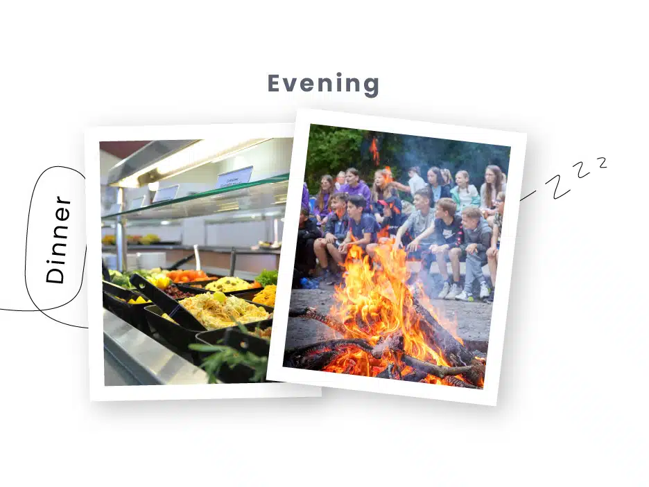 Two photographs displayed side by side labeled "Dinner" and "Evening," showing a PGL Adventure Holidays cafeteria food counter and a group of people around a campfire.