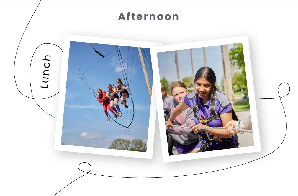Two Polaroid photos from PGL Adventure Holidays capturing a group swing ride and a girl participating in a tug-of-war game, labeled "Lunch" and "Afternoon.