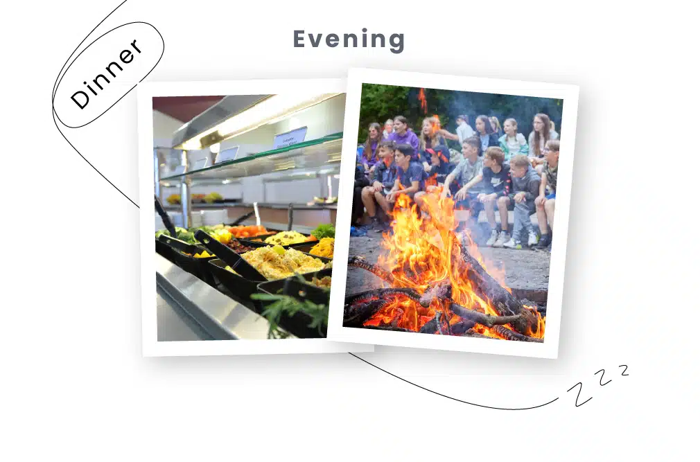 Dinner and evening scenes with food on a cafeteria tray in the left image, and a group of people from PGL Adventure Holidays sitting around a campfire in the right image.