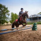 A rider in equestrian attire on a chestnut horse, clearing a blue jump in a sandy arena with trees and buildings in the background at Pony Camp Improver, Liddington - Jul 27, 2024.