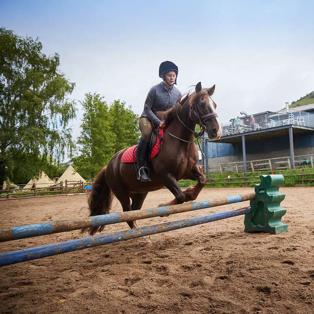 A rider in equestrian attire on a chestnut horse, clearing a blue jump in a sandy arena with trees and buildings in the background at Pony Camp Improver, Liddington - Jul 27, 2024.