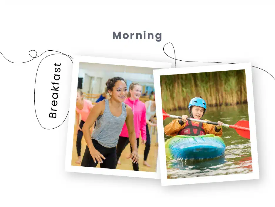 Two photos under the heading "Morning": one shows a person in a dance class, and the other shows a person kayaking on water during PGL Adventure Holidays. The word "Breakfast" is written along the side.
