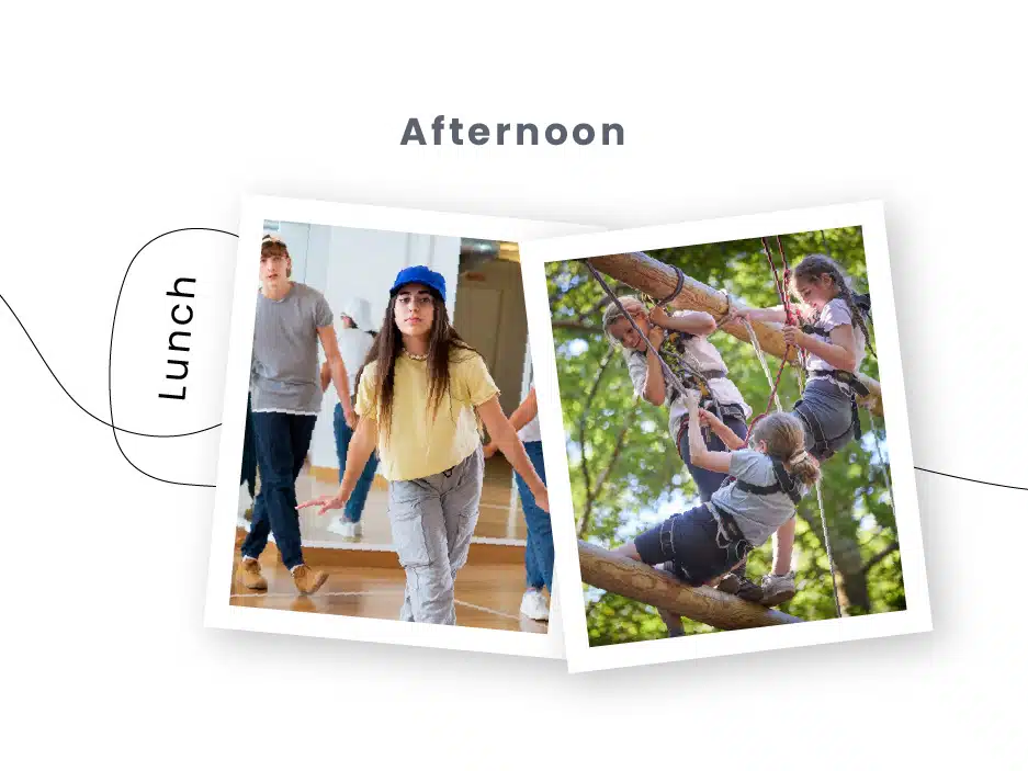 A photo collage with two images: one depicting a group of teenagers walking in a school hallway, and another showing children climbing a wooden obstacle course outdoors during PGL Adventure Holidays.