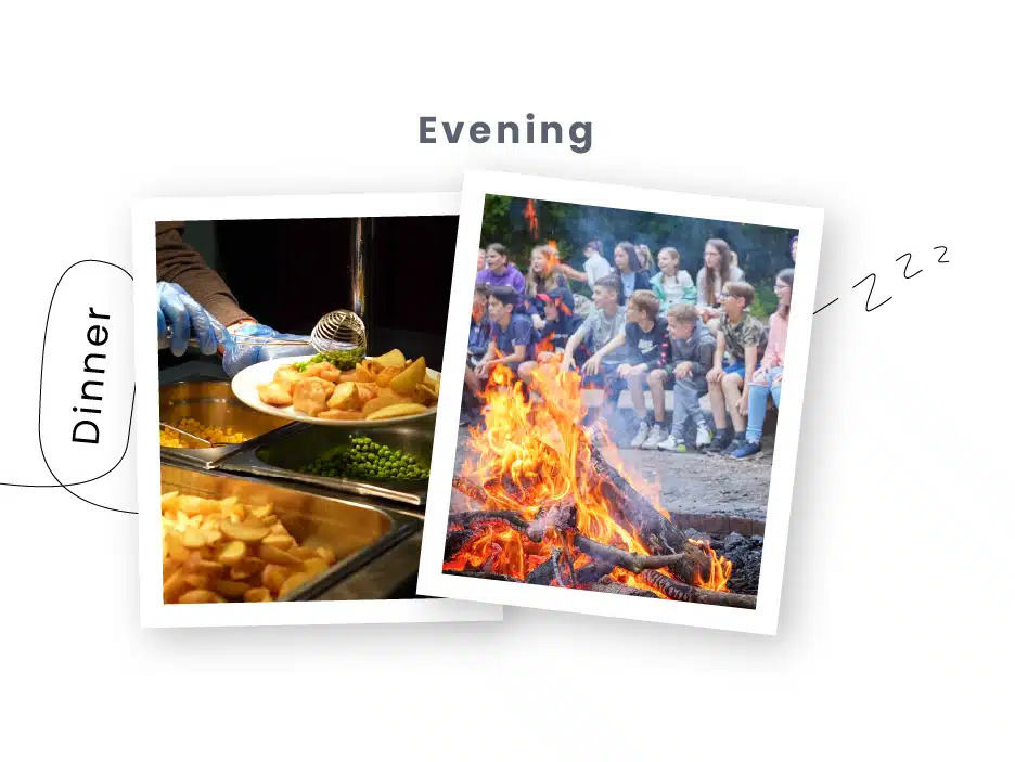 Collage of two images: one showing a hand serving dinner, focusing on French fries, and the other depicting a group of children enjoying PGL Adventure Holidays around a campfire at dusk.