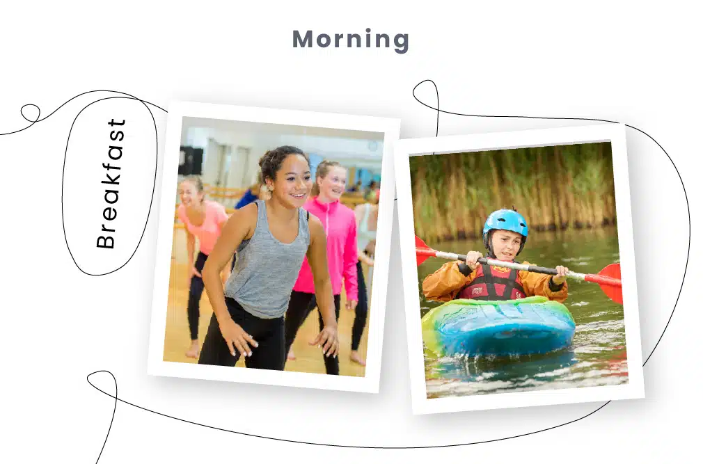 Two photos under the label "Morning." On the left, people are participating in a lively fitness class. On the right, a person wearing a helmet and life jacket is kayaking, capturing the spirit of PGL Adventure Holidays.