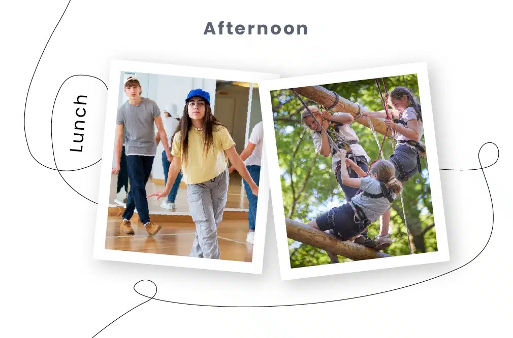 Two photos in an album labeled "Afternoon": the left showing teenagers walking in a hallway, the right capturing others engaged in outdoor rope climbing activities at PGL Adventure Holidays.
