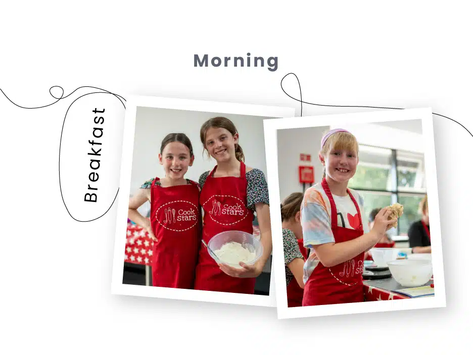 Two photos of young girls cooking at PGL Adventure Holidays; the left shows two smiling girls in red aprons labeled "Cook Stars," the right shows a girl in a pink hat mixing dough. Text reads "Morning Breakfast.