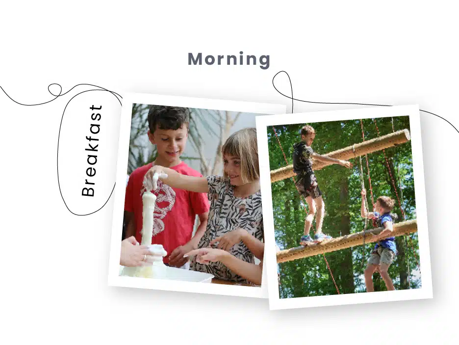 Two Polaroid-style photos; on the left, a boy and girl making a milkshake, and on the right, a boy on an outdoor PGL Adventure Holidays rope obstacle course. Text "Morning" at the top.