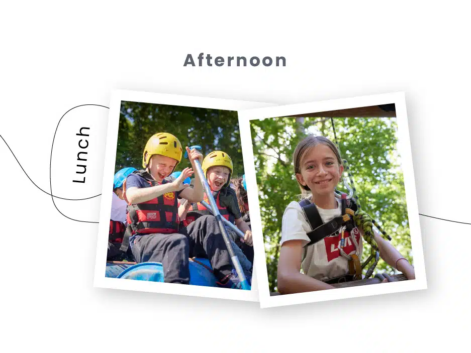 Two photos in a PGL Adventure Holidays presentation slide marked "Afternoon": one shows two boys rafting with excitement, the other a smiling girl in a harness likely zip-lining.