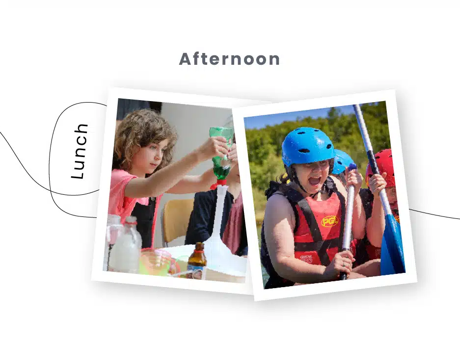 A collage showcasing two photos labeled "Lunch" and "Afternoon," with a child from PGL Adventure Holidays mixing green liquid in a bottle and another wearing a helmet and life vest, holding a paddle.