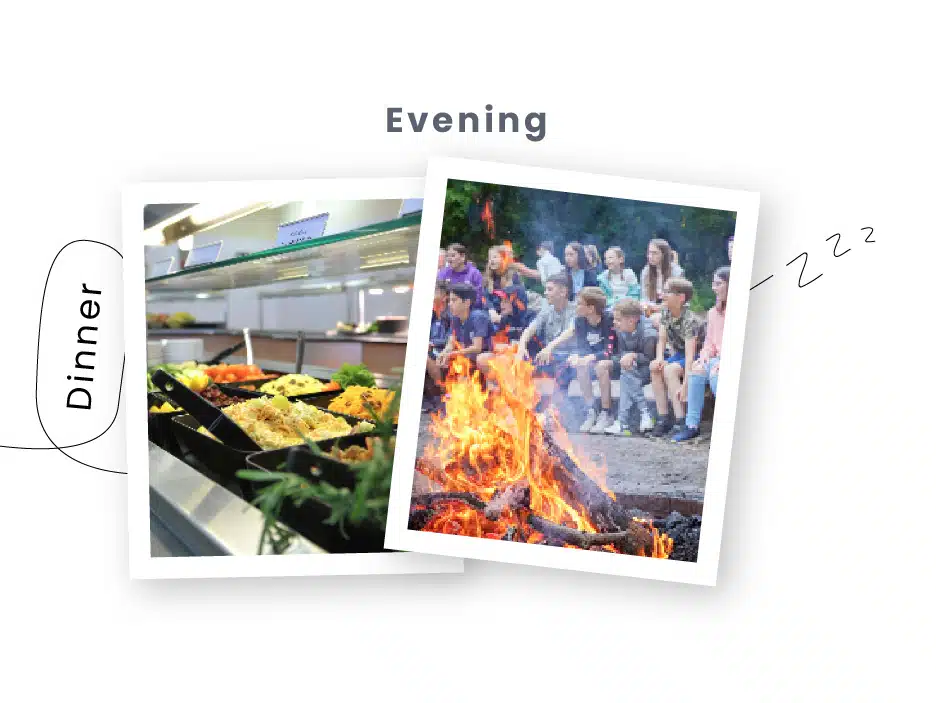 Two images; on the left, a dinner buffet with various dishes, and on the right, a group of people from PGL Adventure Holidays sitting around a campfire at night.