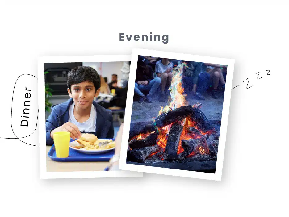 Young boy smiling at camera while eating dinner; adjacent image of a campfire at night labeled "Evening with PGL Adventure Holidays.