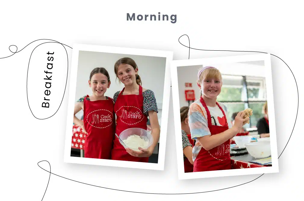 Two images set within a "PGL Adventure Holidays Breakfast" labeled theme; the left photo shows two children in aprons smiling at the camera, while the right photo captures a child in a red apron mixing ingredients in a bowl.