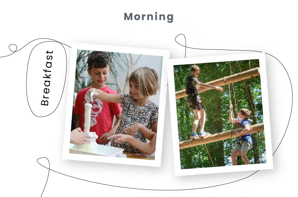 Two images: on the left, a boy and a girl making pancakes; on the right, children enjoying PGL Adventure Holidays playing on a rope bridge outdoors.